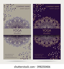 Design template for yoga studio with mandala ornament background. Design concept for brochure, card, invitation, flyer, banner. Colorful vector illustration