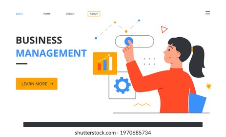 Design template with young female business character manager, boss, accountant, financier. Annual report, financial analysis, marketing. Modern style outlined flat cartoon vector illustration design
