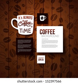 Design template for Your coffee shop. Burnt wooden background with coffee beans. Vector image. 