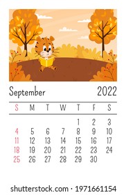 Design template.Calendar for 2022, September. A cute cartoon tiger is sitting under a tree reading a book. Autumn landscape. The symbol of the year. Animal character. Color vector illustration.