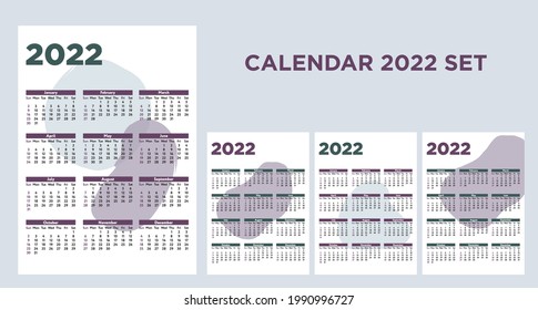 Design templates for 2022 calendar Vector illustration Set of yearly calendars with abstract background in minimal style Week starts on Sunday