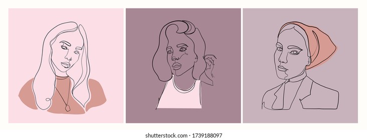 Design templates in abstract style. One line continuous portrait of woman. Silhouette of female face in minimal style. Creative design. Beauty and fashion concept.