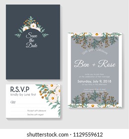 Design templates botanical invitation cards, green leaves, twigs and white flowers with a blue dark and white background,