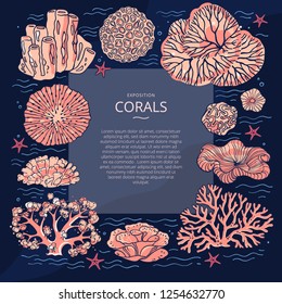 Design templates for brochures, business cards, covers, banners, with illustrations of corals. Vector flyer with corals around the text and wavy lines for design. Deep sea background. Branding design.