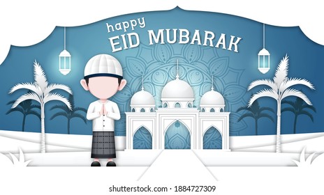 Design templates for Eid Mubarak and Eid Al-Fitr with a papercut style