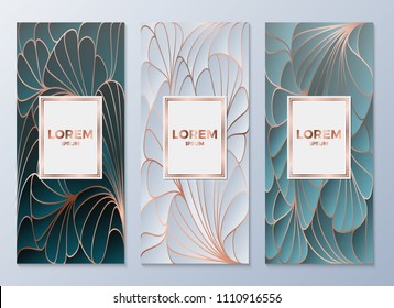 Design templates for flyers, booklets, greeting cards, invitations, packaging and advertising. Vector set packaging templates in art deco style for luxury products. Vector illustration eps10.