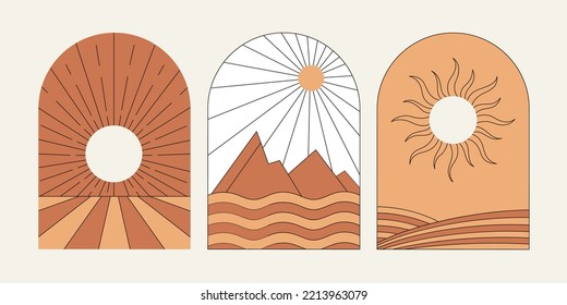 Design templates in hippie style - frames and prints with copy space for text - sun and mountains.