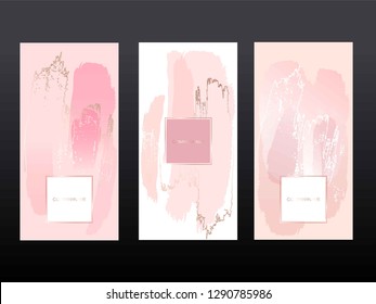 Design templates. Invitations. Cards. Posters. Banners. Pastel pink, rose, nude colors and gold brush strokes. 