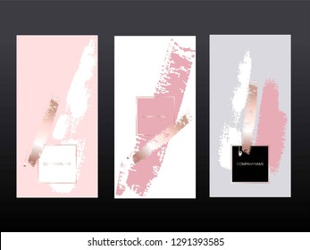 Design templates. Invitations. Cards. Posters. Banners. White, pink and gold brush strokes. 