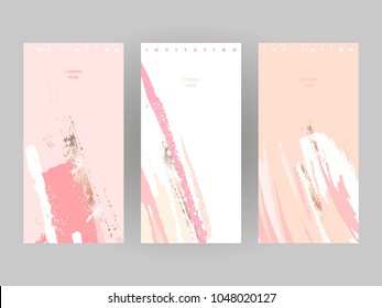 Design templates. Invitations to a company event. Can be used in perfumery, cosmetic and fashion business. Pastel colors and gold brush strokes.