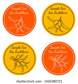 Design of templates, labels and emblems with sea buckthorn. Vector set. Design for natural and organic oils, cosmetics, herbal tea, natural juice and jam. Stickers,logos in a fashionable linear style.