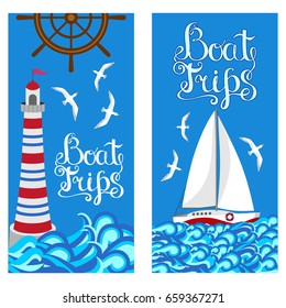 Design templates of nautical banners or cards with marine elements and hand lettering.