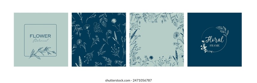 Design templates and seamless pattern in simple modern style with copy space for text, hand drawn flowers and leaves - social media stories, wedding invitation backgrounds and frames, wallpapers.