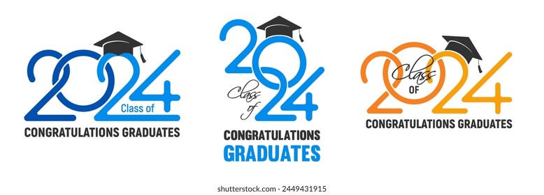 Design templates set for congratulations graduates class of 2024, overlays, logo or badges with black academic hat, numbers and congrats text for high school or college graduation. Vector illustration