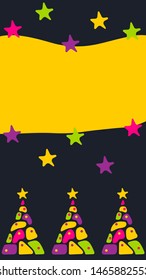 Design templates for social media stories. Christmas trees filled with bright abstract figures. Place for text, dark background, vector