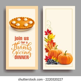 Design templates for Thanksgiving dinner invitations, greeting cards and banners. Vector set. 