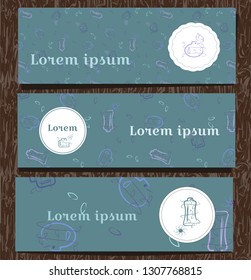 Design templates for web cover, booklets, cards, invitations and advertising. Vector set templates in conture style for cosmetic or perfume. Colourfull outline bottle on slate gray color backround.