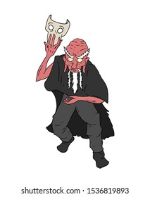 design of tengu man with mask in his hand