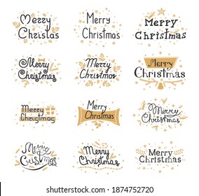 Design text for banner, poster, greeting card. Black gold lettering. Christmas and new year signs isolated on white background. Vector illustration