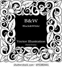 Design for the text. Black and white color. Composition in a square. Beautiful flowers frame and leaves. Vector graphics. Black background. Free center for text.