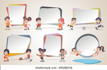 Design text box frame backgrounds with cartoon children. Infographic template design.
