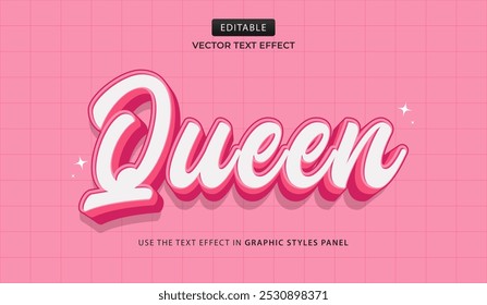 Efecto de texto de diseño, Ilustración vectorial de dibujos animados Queen 3d