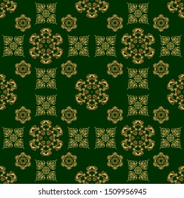 Design for the text, invitation cards, various printing editions. Seamless pattern with green and golden elements. A vector ornament in east style.
