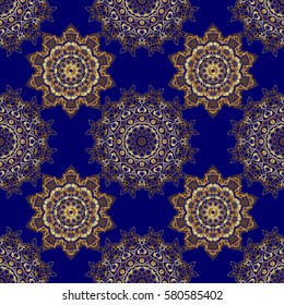 Design for the text, invitation cards, various printing editions. Seamless pattern with golden elements on a blue background. A vector golden ornament in east style.