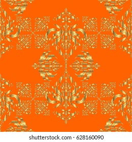 Design for the text, invitation cards, various printing editions. Seamless pattern with golden elements on a orange background. A vector golden ornament in east style.