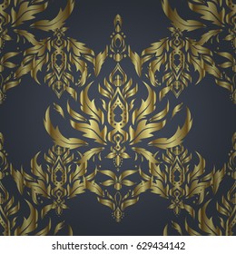 Design for the text, invitation cards, various printing editions. Seamless pattern with golden elements on a gray background. A vector golden ornament in east style.
