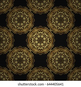 Design for the text, invitation cards, various printing editions. Seamless pattern with golden elements on a black background. A vector golden ornament in east style.