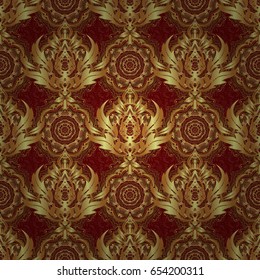 Design for the text, invitation cards, various printing editions. Seamless pattern with golden elements on a red background. A vector golden ornament in east style.