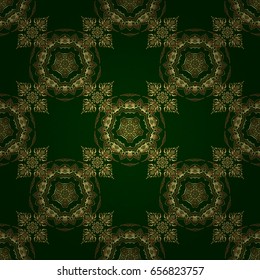 Design for the text, invitation cards, various printing editions. Seamless pattern with golden elements on a green background. A vector golden ornament in east style.
