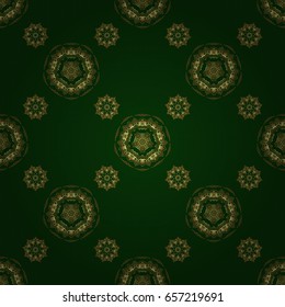 Design for the text, invitation cards, various printing editions. Seamless pattern with golden elements on a green background. A vector golden ornament in east style.