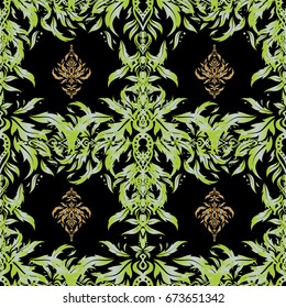 Design for the text, invitation cards, various printing editions. Seamless pattern with gray, yellow and green elements on a black background. A vector ornament in east style.
