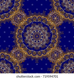 Design for the text, invitation cards, various printing editions. Seamless pattern with golden elements on a blue background. A vector golden ornament in east style.