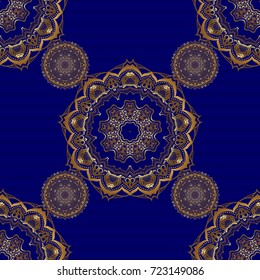 Design for the text, invitation cards, various printing editions. Seamless pattern with golden elements on a blue background. A vector golden ornament in east style.