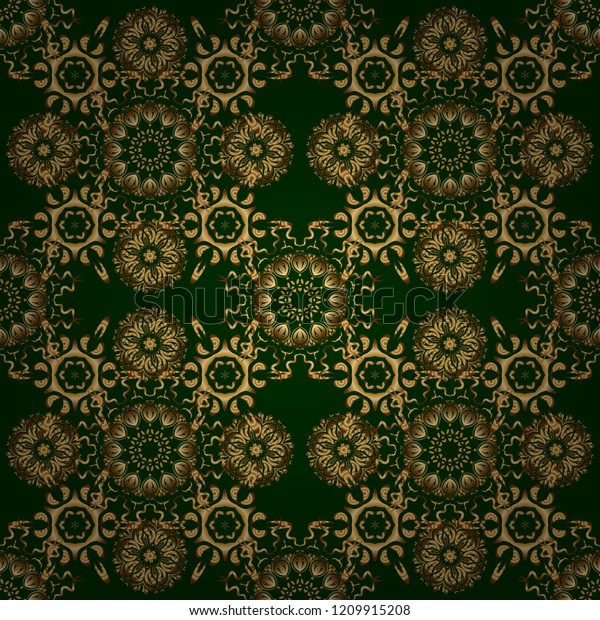 Design for the text, invitation\
cards, various printing editions. Seamless pattern with golden\
elements on a green background. A vector golden ornament in east\
style.