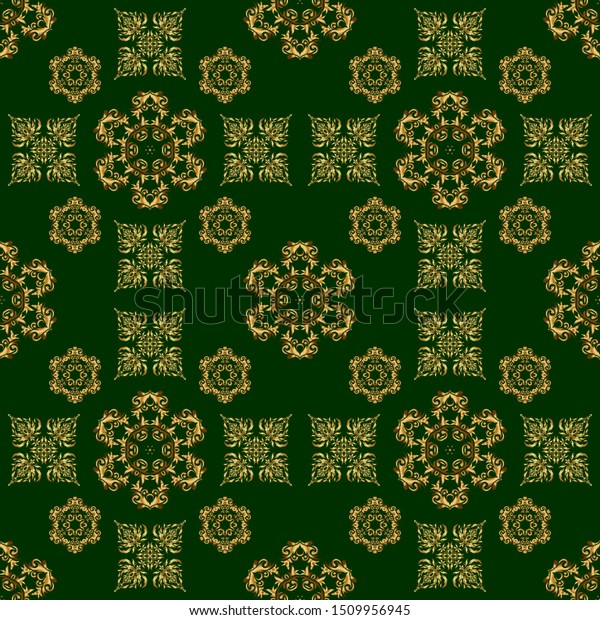 Design for the text, invitation cards, various\
printing editions. Seamless pattern with green and golden elements.\
A vector ornament in east\
style.