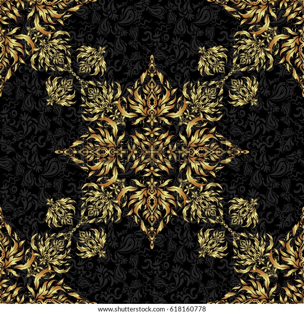 Design for the text, invitation\
cards, various printing editions. Seamless pattern with golden\
elements on a black background. A vector golden ornament in east\
style.