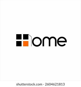 Design the text of the logo "Home" building and windows on the letter H.