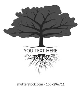 Design text template with silhouette of tree with roots, branches and leaves. Vector isolated Illustration.