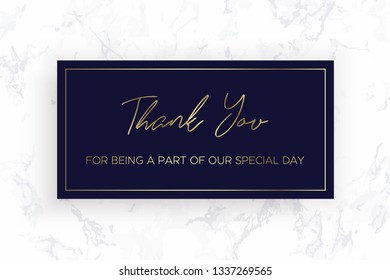 Design of Thank you card template. Marble texture background and gold text. Dimensions 6x4 inch. Vector.