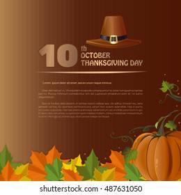Design for Thanksgiving Day (Canada). Autumn 2016. 10th October. Celebratory background with pumpkin and fallen autumn leaves. Happy Thanksgiving. Vector illustration