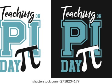 Um design que combina o conceito de ensino com o Dia do Pi. O design exibe proeminentemente a frase 'Ensinando no Dia do Pi' com a letra 'P' estilizada para se assemelhar ao símbolo matemático para pi (π). O desenho é apresentado em duas variações: uma com um fundo claro e a outra com um fundo escuro. O texto e o símbolo pi são representados por uma combinação de cores preto e azul claro, tornando-o visualmente atraente e adequado para fins educativos ou comemorativos.