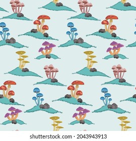 A design that explores the beauty and mystery of mushrooms in but a few of their many forms.
