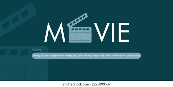 a design that reads the word movie, with a creative Clapper Board icon which symbolizes the word in one of the letters. can be applied to a t-shirt, merchandise key chain, background that you need