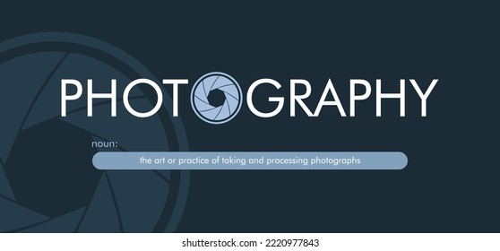 a design that reads the word photography, with a creative lens or shutter icon which symbolizes the word in one of the letters. can be applied to a t-shirt, merchandise key chain, background you need