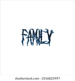 The design that says Family is in the shape of a root in black and blue on a white background