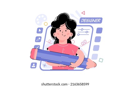 Design theme. The girl is holding a big pencil. Element for the design of presentations, applications and websites. trend illustration. Vector illustration